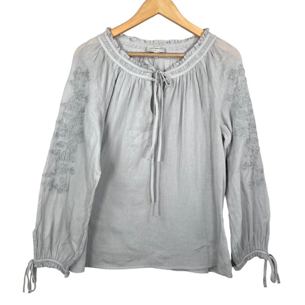 Lucky Brand Metallic Embroidery tie sleeve peasant gauzy blouse sz M